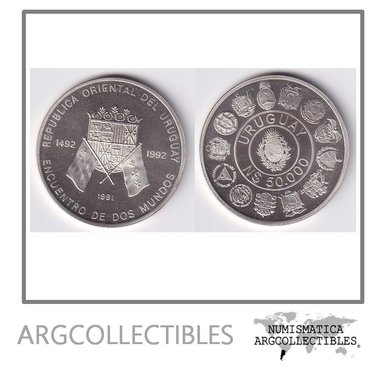 Uruguay Moneda 50.000 Pesos 1991 Plata 925 Encuentro de Dos Mundos Iberoamericana Serie I KM-100 Proof