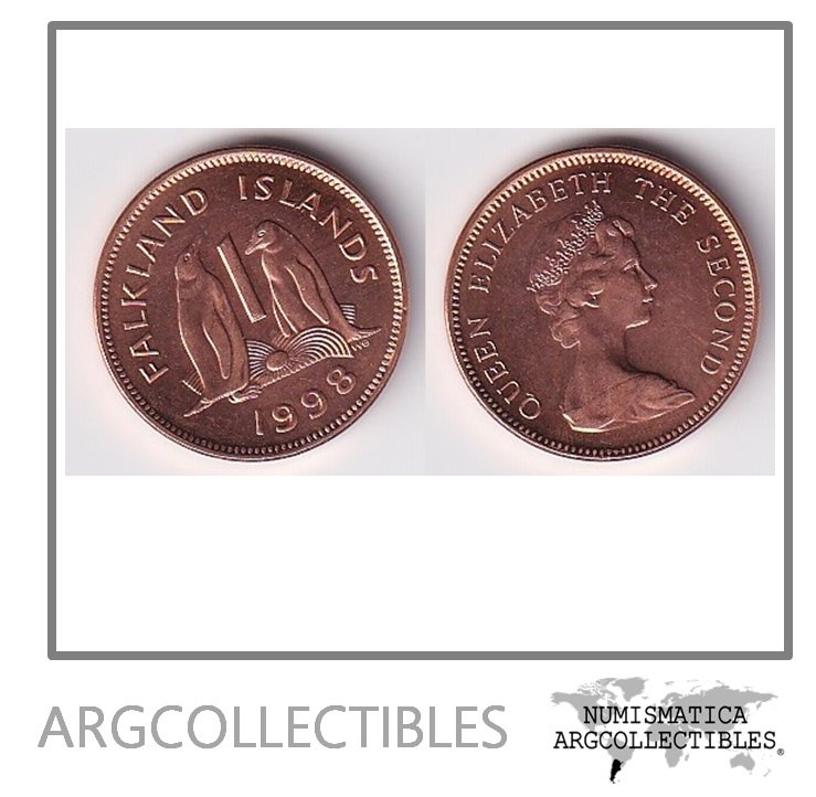 Malvinas Moneda 1 Penny 1998 Pinguinos Acero Bañado en Cobre KM-2a UNC