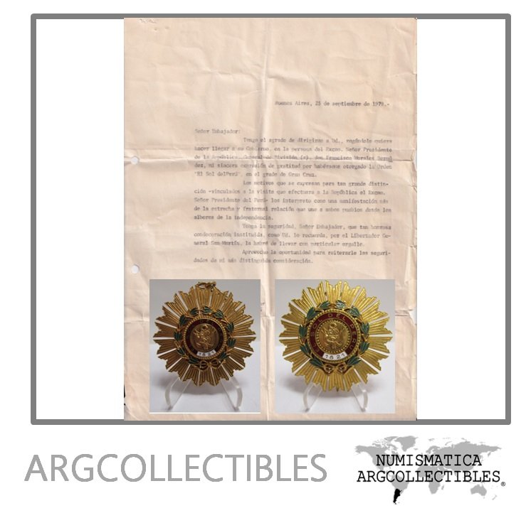 Peru 1821-1979 Medalla Condecoracion Orden Del Sol con Certificado de Otorgamiento + Placa Gran Cruz y Collar sin cinta