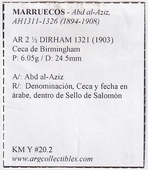 Marruecos Moneda de 2 1/2 Dirham 1321 (1903) Plata Abd Al-aziz - Imagen 2