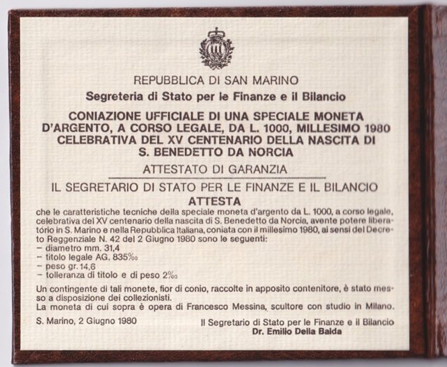 San Marino Moneda 1.000 Liras 1980 San Benedicto Plata 835 Km-112 UNC - Imagen 4
