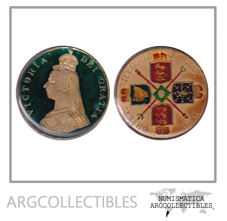 Inglaterra Moneda 2 Florines 1888 Plata 925 Con Antigua Silicona Color Incrustada KM-763