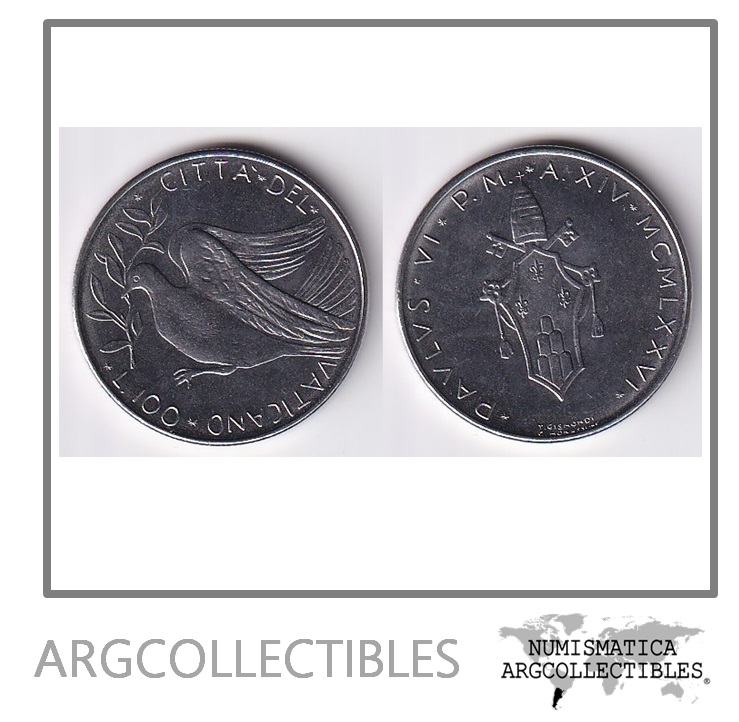 Vaticano Moneda 100 Liras 1976 Paloma de la Paz Acero KM-122 UNC