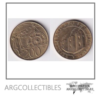 San Marino Moneda 200 Liras 1992 500 Aniversario Descubrimiento America Bronce KM-285 UNC