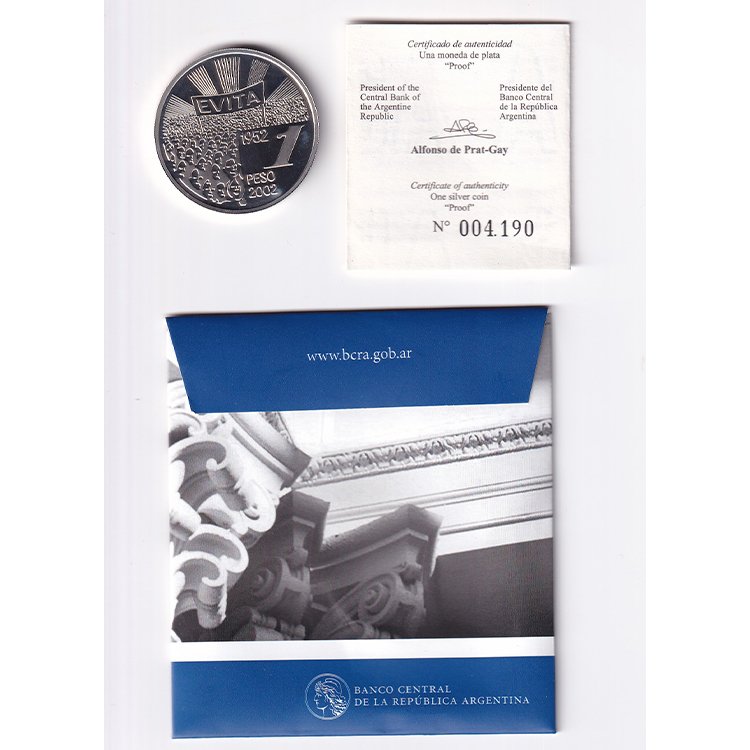 Argentina Moneda 1 Peso 2002 Plata 900 Eva Peron KM-141 Proof - Imagen 2