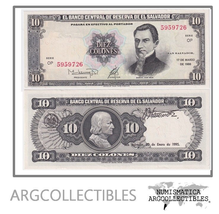 El Salvador Billete 10 Colones 1988 P-135B UNC (Serie OP)
