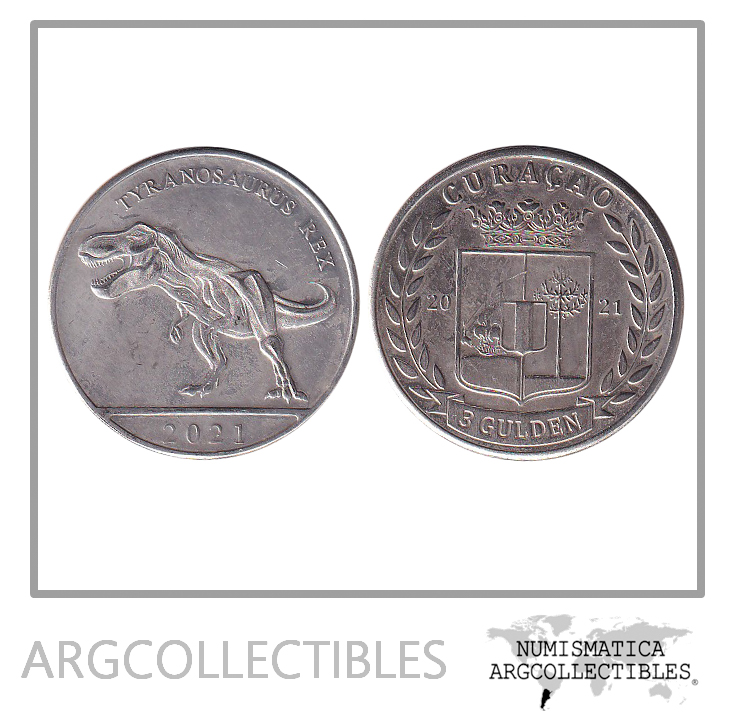 Curacao Moneda 3 Gulden 2021 Laton Plateado Tiranosaurio Rex UNC