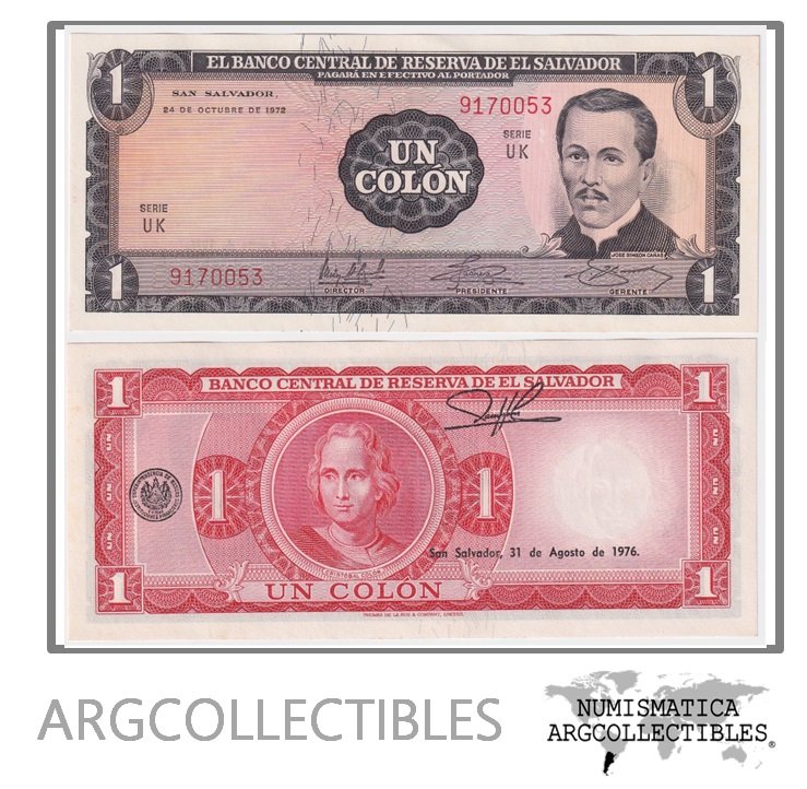 El Salvador Billete 1 Colon 1972 P-115 UNC (Serie UK)