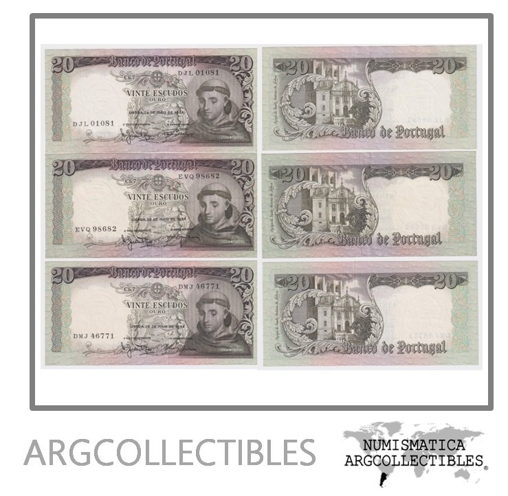 Portugal Billete 20 Escudos 1964 P-167 AU/UNC Lote x 3 Firmas Diferentes