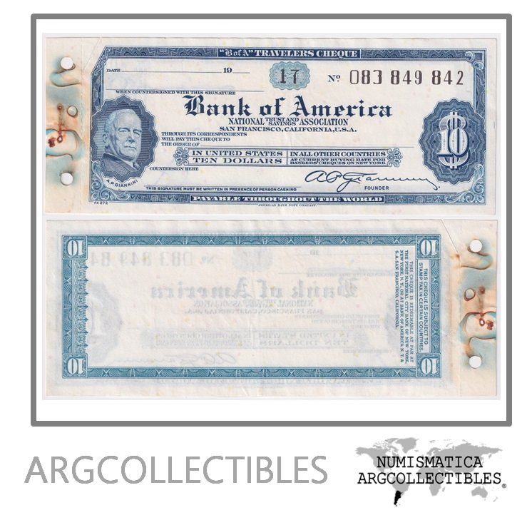 Estados Unidos USA Billete 10 Dolares 1941/1960 Travelers Cheque Bank of America AU