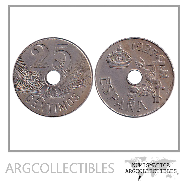 España Moneda 25 Centavos 1927 Niquel KM-742 AU