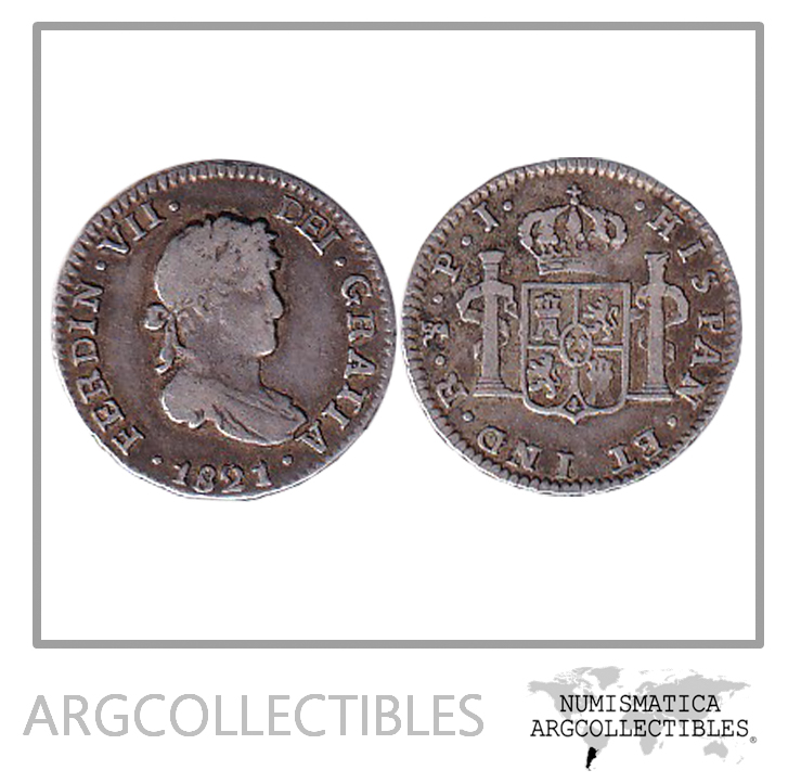 Bolivia (Potosi) Moneda 1/2 Real 1821 P.J. Plata 896 Fernando VII KM-90 CJ-89.6 VF+