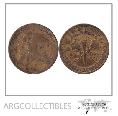 Brasil Moneda 1000 Reis 1922 Aluminio Bronce 100 Aniv Independencia VF