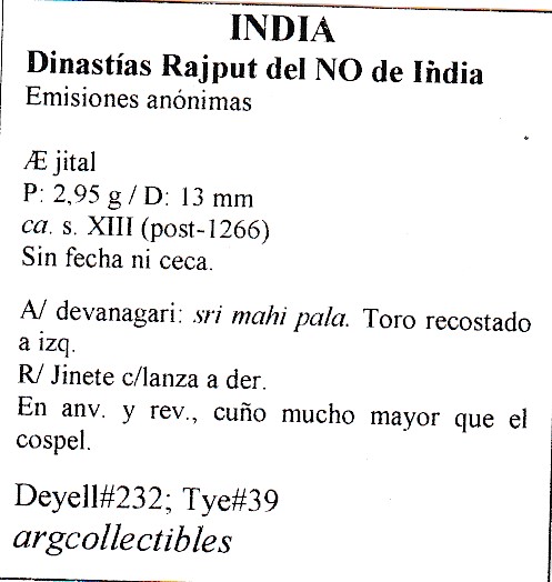 India Moneda Dinastias Rajput del NO de India Emisiones Anonimas Ae Jital MA37 - Imagen 2