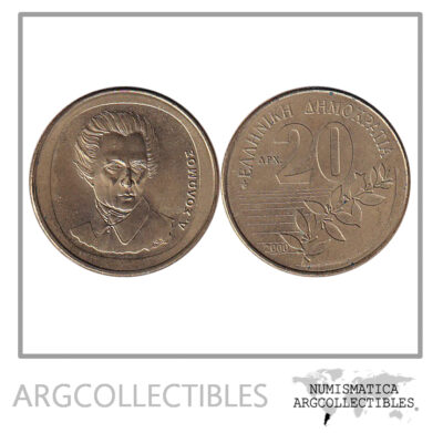 Grecia Moneda 20 Dracmas 2000 Bronce Dionisios Solomos KM-154 UNC