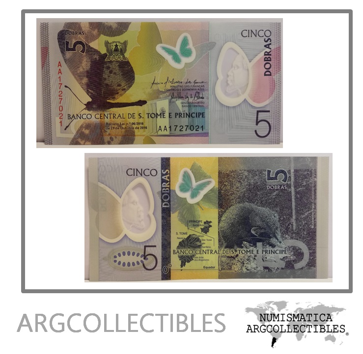 Santo Tome y Principe Billete 5 Dobras 2016 P-70 UNC (Polimero)