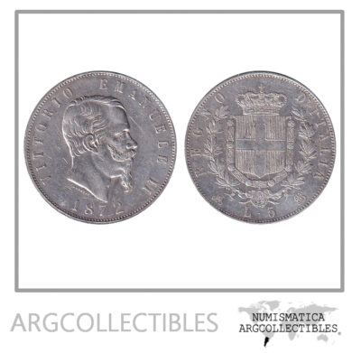 Italia Moneda 5 Liras 1872 MBM Plata 900 Vitorio Emanuele II KM-8.3 XF-