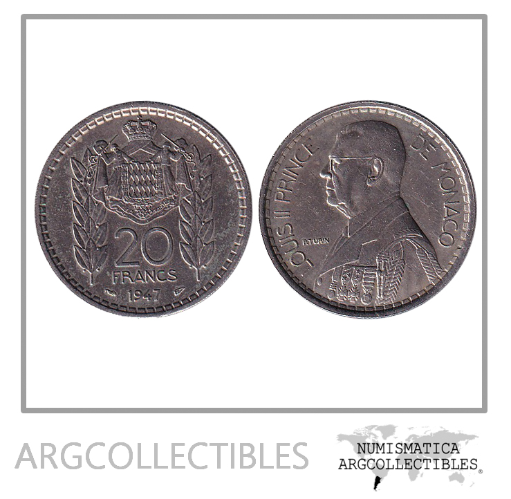 Monaco Moneda 20 Francos 1947 Niquel Luis II KM-124 AU