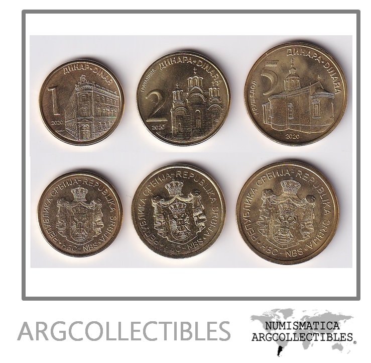 Serbia Set x3 Monedas 1-2-5 Dinars 2020 Laton KM-54/55/56 UNC
