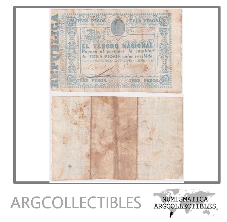 Paraguay Billete 3 Pesos 1865 P-23/MC-31 VF-