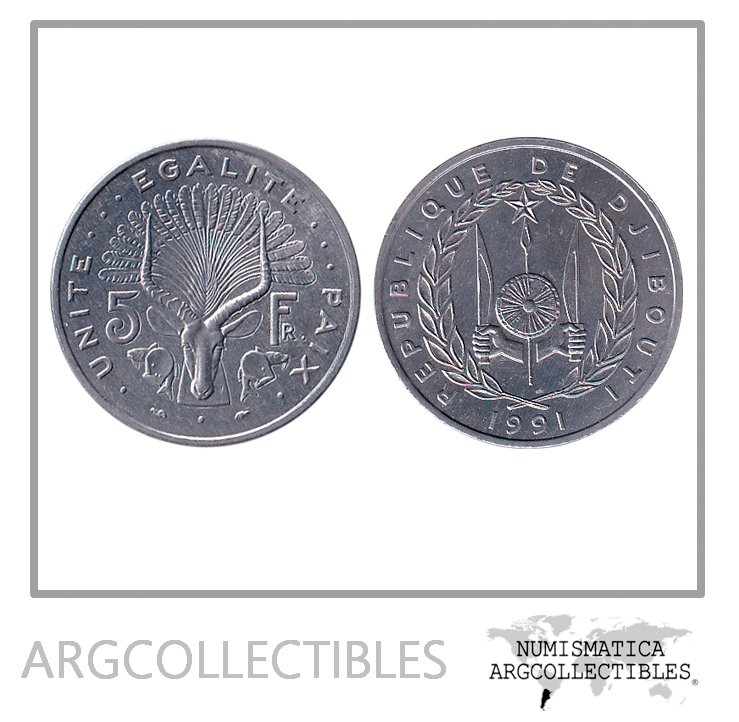 Djibouti Moneda 5 Francos 1991 Aluminio KM-22 UNC