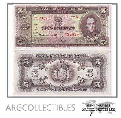 Bolivia Billete 5 Bolivianos 1945 P-138 UNC (Serie C)