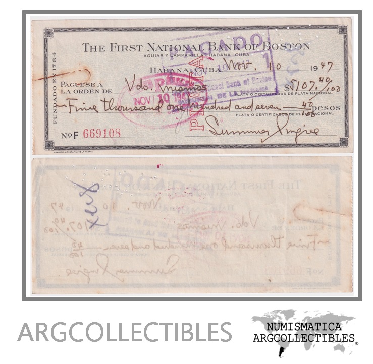 Cuba-USA Check 5.107,40 Silver Dollars 1947 Bank of Boston