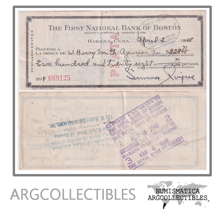 Cuba-USA Check 228,71 Dolares 1948 Certificado de Plata Henrry Smith/ Banco de Boston