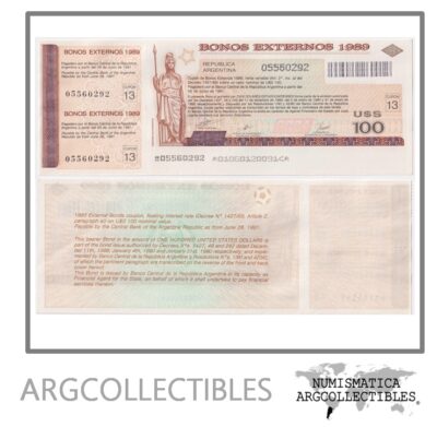 Argentina Bono Exterior Bonex 100 Dolares 1989 UNC (Cupon 13)