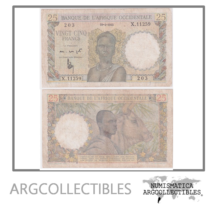 Africa Francesca Occidental Billete 25 Francos 1953 P-38 VF-