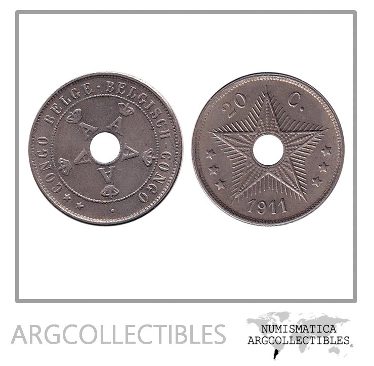 Congo Belga Moneda 20 centavos 1911 Niquel KM-19 AU