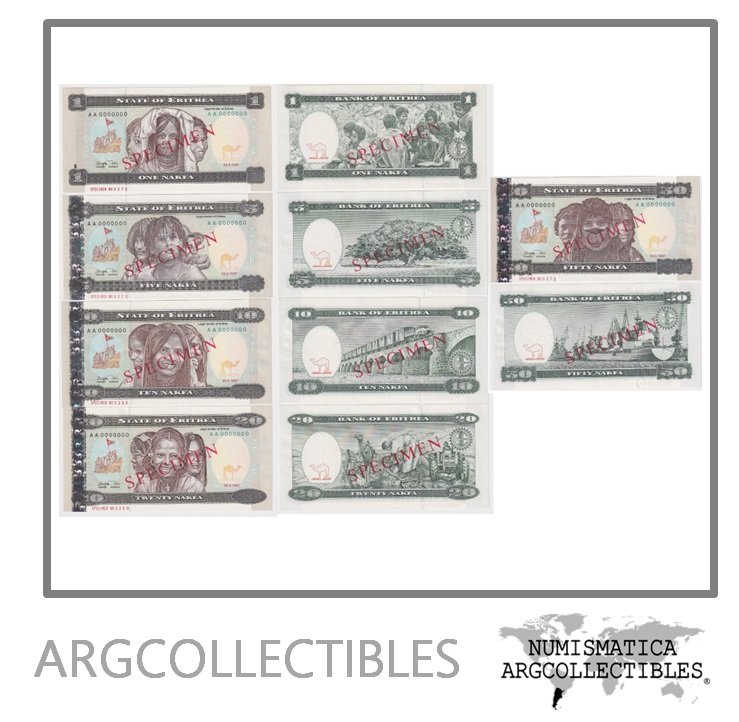 Eritrea Billete Set x 5 Nakfa 1997 P-1-2-3-4-5 UNC (Specimen)