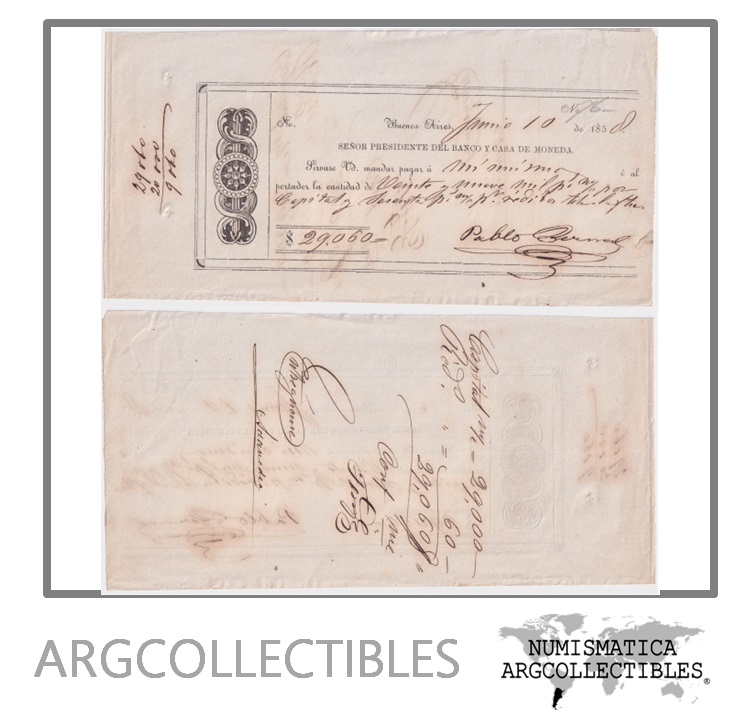 Argentina Billete 29.060 Pesos 1858 Cheque Bs.As. Casa de Moneda