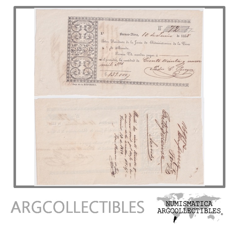 Argentina Billete 139.000 Pesos 1858 Cheque Bs.As. Casa de Moneda