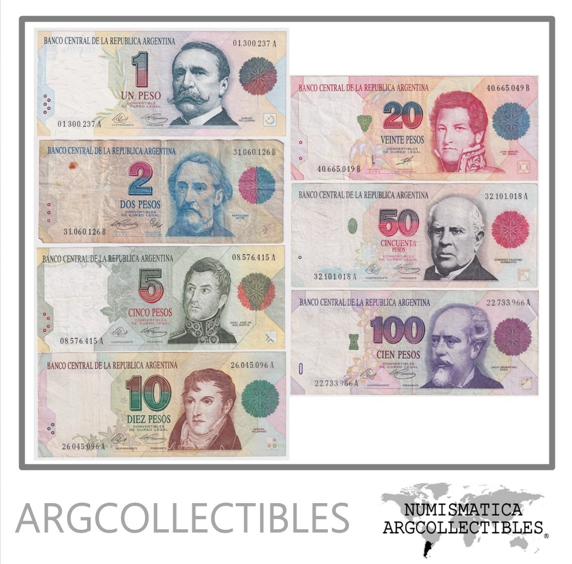Argentina Set Completo 7 Billetes Pesos 1992 Convert. 1er Diseño F+ UNC