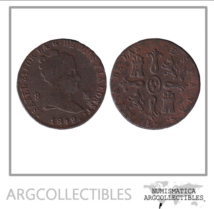 España Moneda 8 Maravedis 1849 JA Cobre Isabel II KM-531.2 VF+