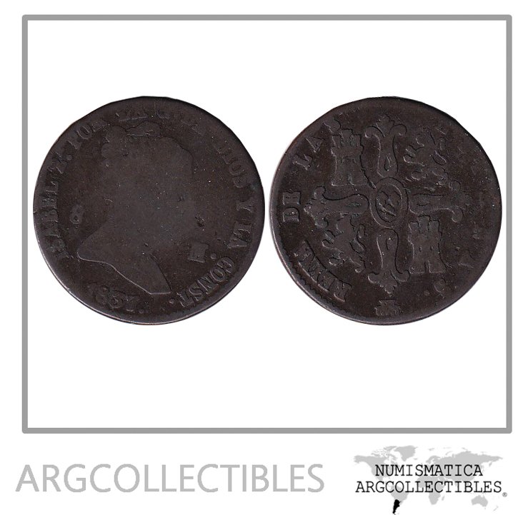 España Moneda 8 Maravedis 1837 Cobre Isabel II KM-531.3 F