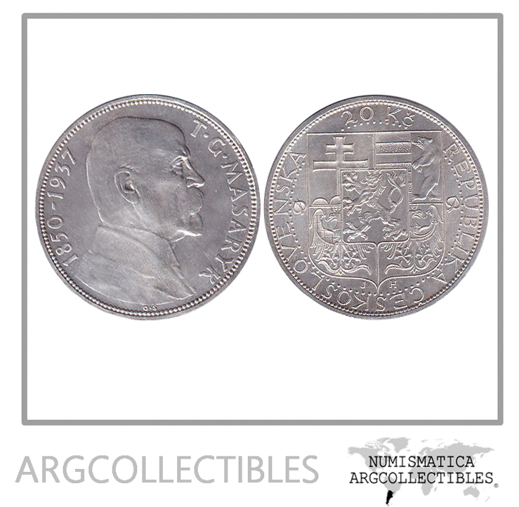 Checoslovaquia Moneda 20 Coronas 1937 Plata 700 Presidente Toma Masaryk KM-18 UNC