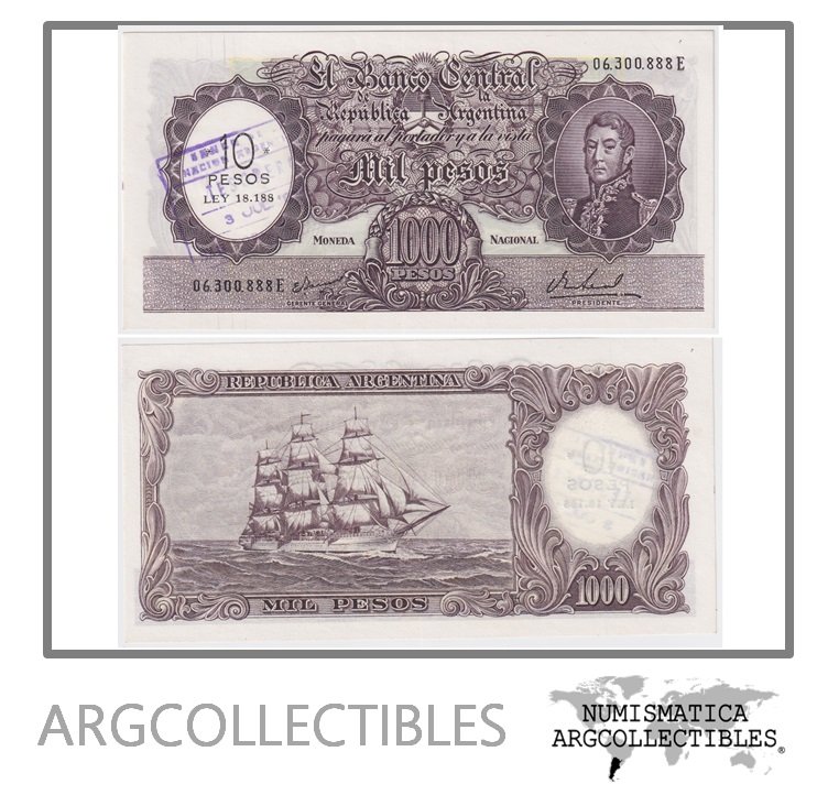 Argentina Billete 10 Pesos Ley P-284/BOT-2212 AU 1969 Serie E (Cancelado)