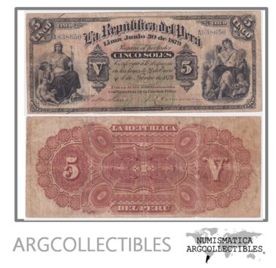 Peru Billete 5 Soles 1879 P-3 F+