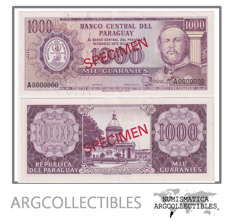 Paraguay Billete 1.000 Guaranies 1952 (1963) P-201s UNC (Specimen)