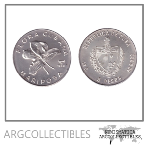 Cuba Moneda 5 Pesos 1980 Plata Mariposa KM-49 UNC