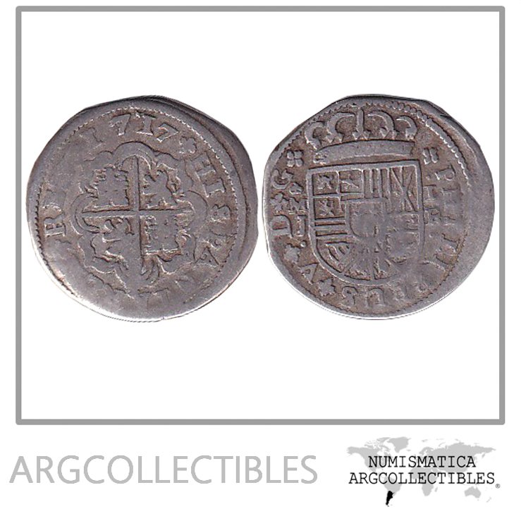 España Moneda 1 Real 1717 J Plata Felipe V KM-298 F+