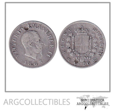 Italia Moneda 50 Centavos 1863 MBN Plata 835 Vittorio Emanele II KM-4a1 VF Agujero