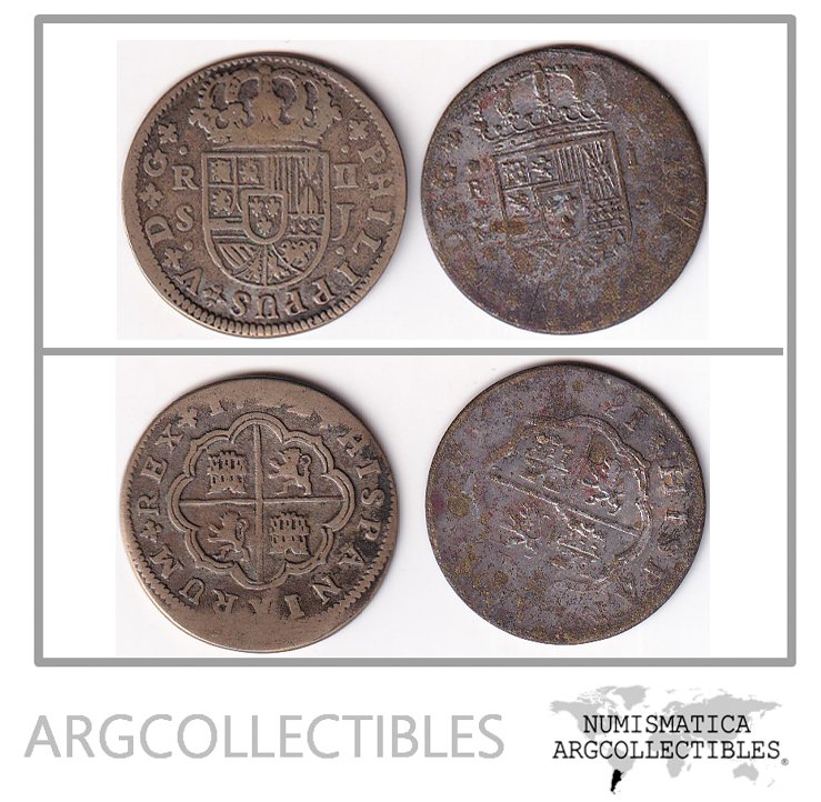 España (Sevilla y Madero) Lote x2 Monedas Falsas 2 Reales 1701-1746 Epoca Felipe V KM-307/296 F