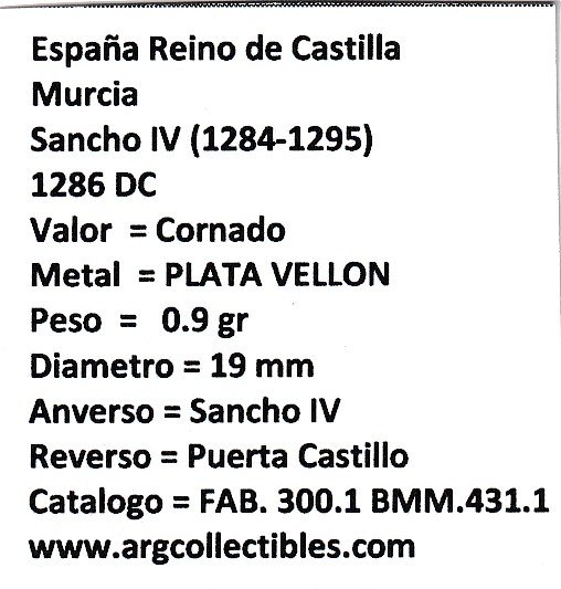 España Reino de Castilla Murcia Sancho IV (1284-1295) 1286 DC Cornado Plata Vellon - Imagen 2