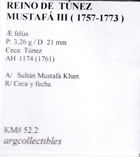 Reino de Tunez Moneda Ae Felus Mustafa III (1757-1773) AH 1174 (1761) KM-52.2 - Imagen 2