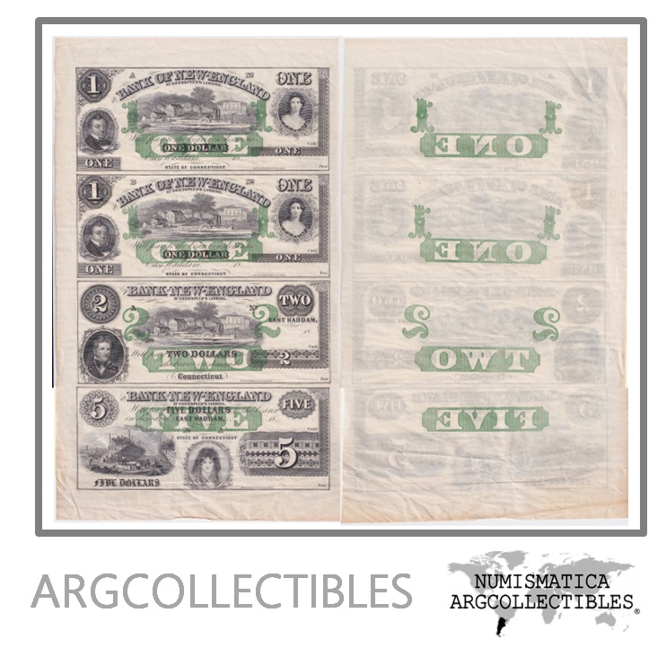 Estados Unidos USA Billete 1-2-5 Dolares 1860 AU (Plancha x 4) Bank New England