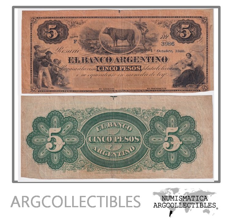 Argentina Billete 5 Pesos 1-10-1866 El Banco Argentino P-S-1526/BAU-SFE VF+