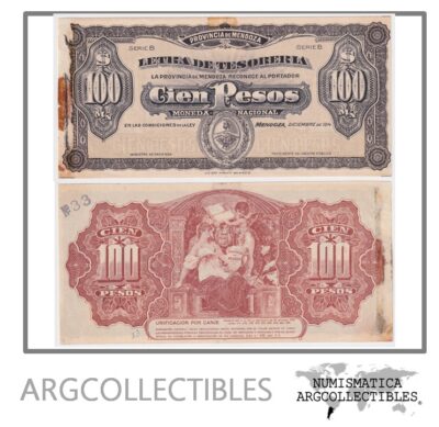 Argentina Billete 100 Pesos 1914 Provincia de Mendoza (Letra de Tesoreria) P-S-2094 Proof